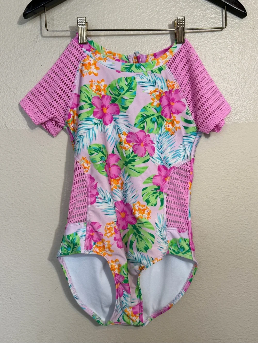 art class Pink Floral Girls One-Piece Swimsuit with Orange Flowers